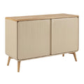**Moderne Beige Kast met Houten Bovenkant en Gelaagde Deuren**
