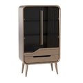 Moderne vitrinekast met glazendeuren en lade in houtdecor