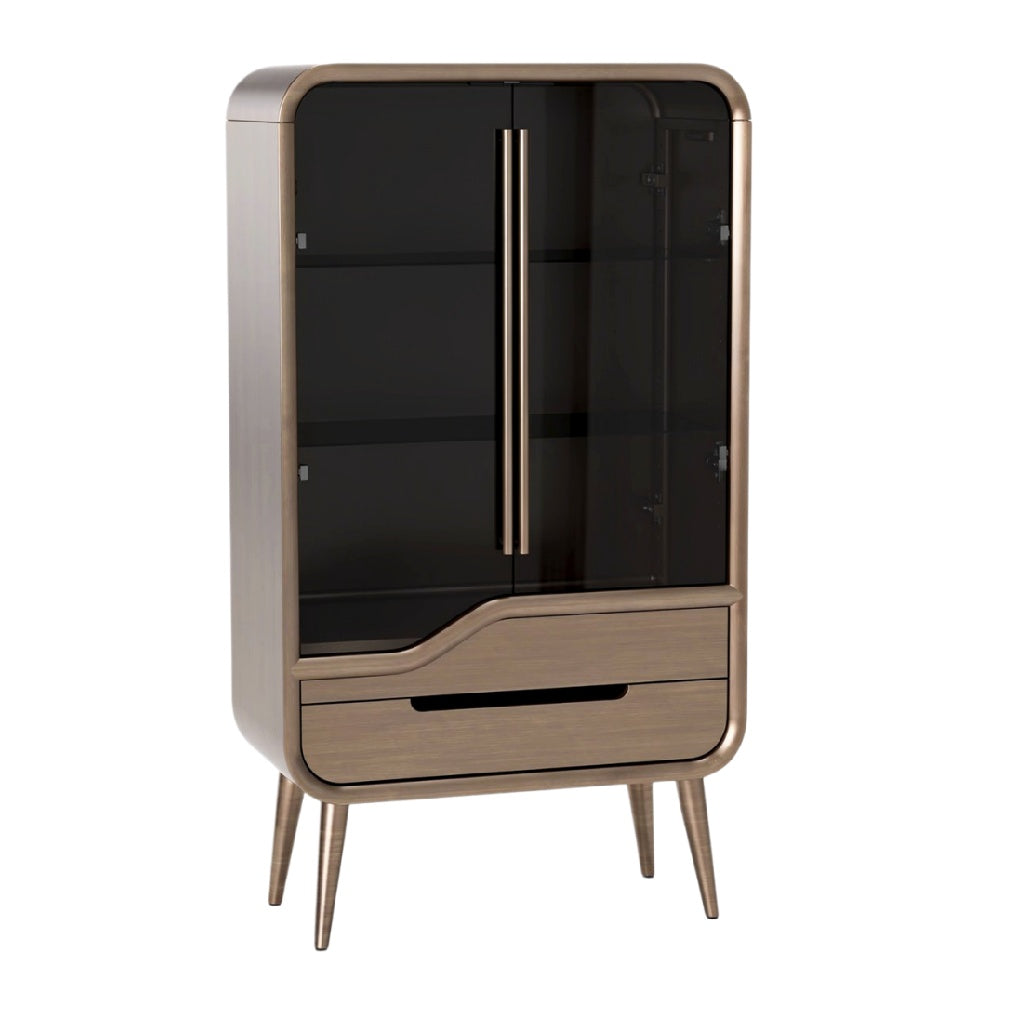 Moderne vitrinekast met glazendeuren en lade in houtdecor