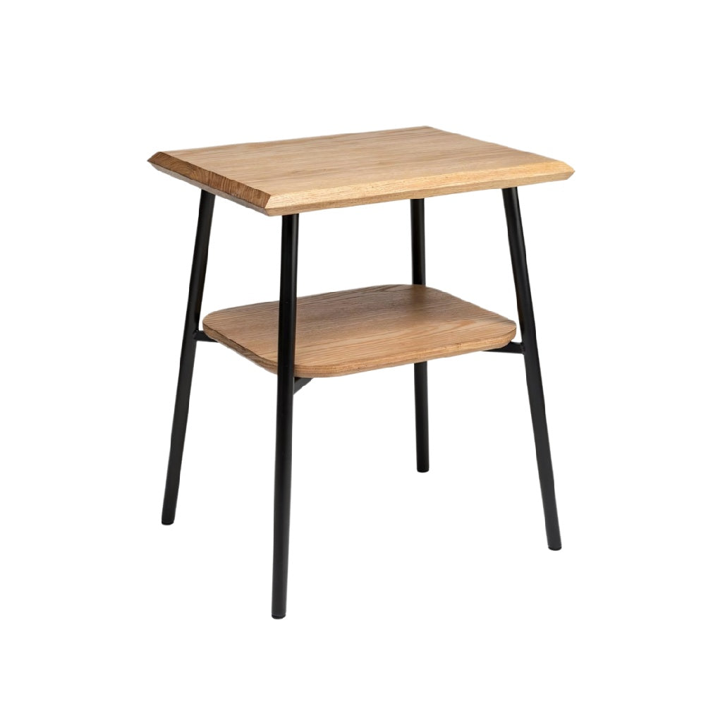 Technische titel: "Moderne houten salontafel met zwart metalen poten en praktisch onderblad"